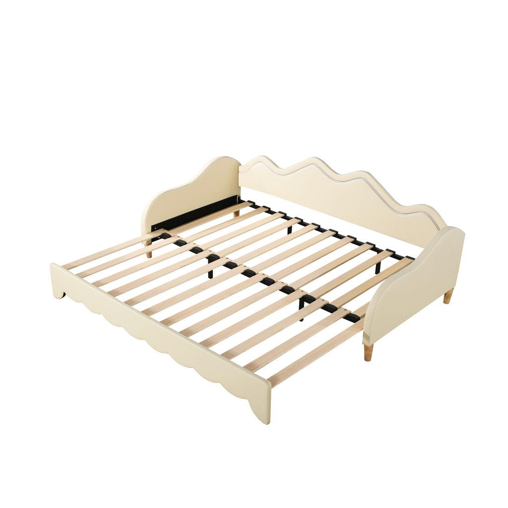 Polsterbett 90(180)*190cm, 2-in-1 Multifunktions-Schlafsofa, Kinderbett aus Kunstleder mit LED-Beleuchtung, mit Lattenrost, Beige