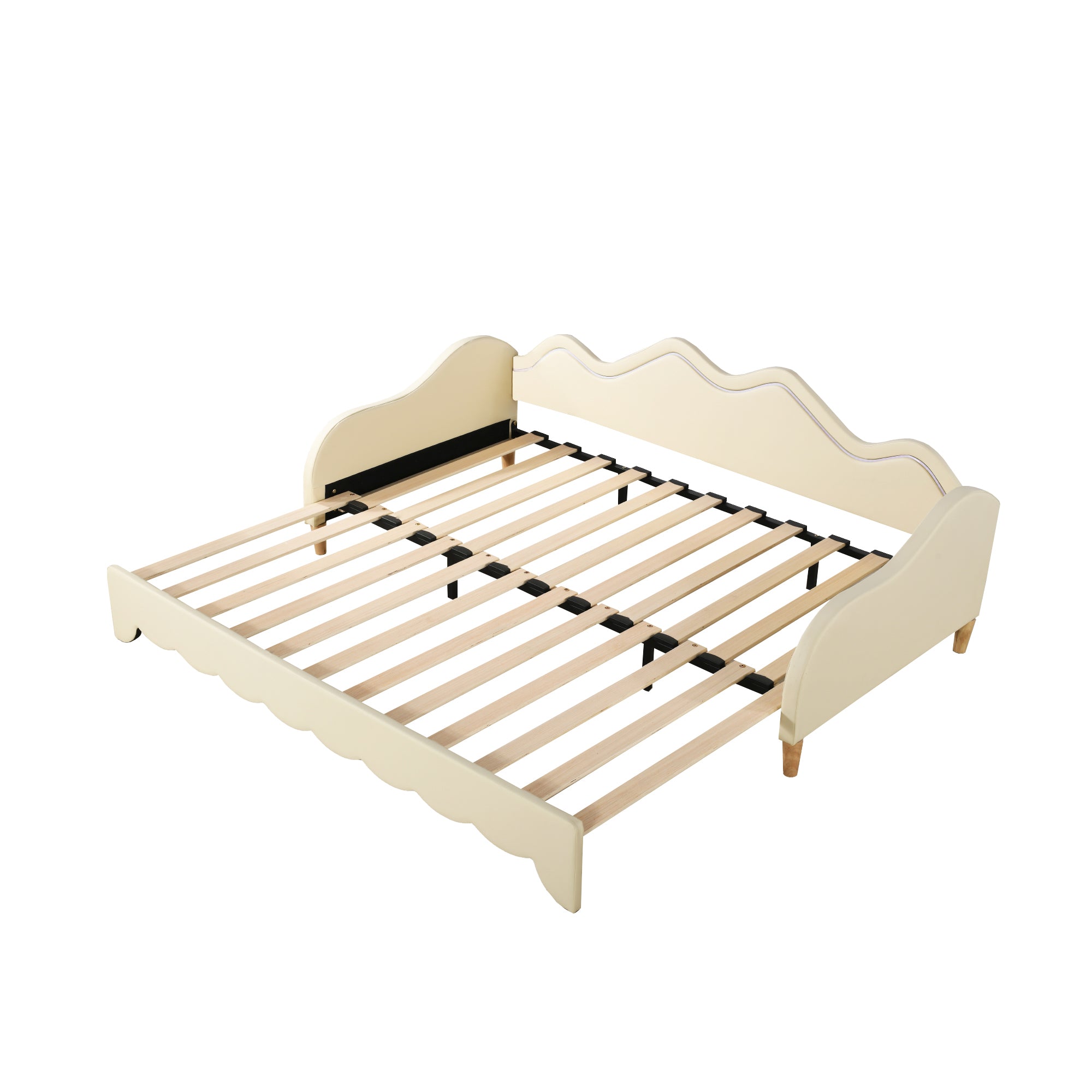 Polsterbett 90(180)*190cm, 2-in-1 Multifunktions-Schlafsofa, Kinderbett aus Kunstleder mit LED-Beleuchtung, mit Lattenrost, Beige