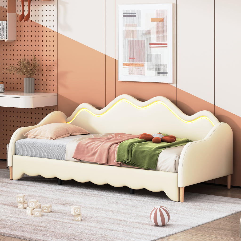 Polsterbett 90(180)*190cm, 2-in-1 Multifunktions-Schlafsofa, Kinderbett aus Kunstleder mit LED-Beleuchtung, mit Lattenrost, Beige