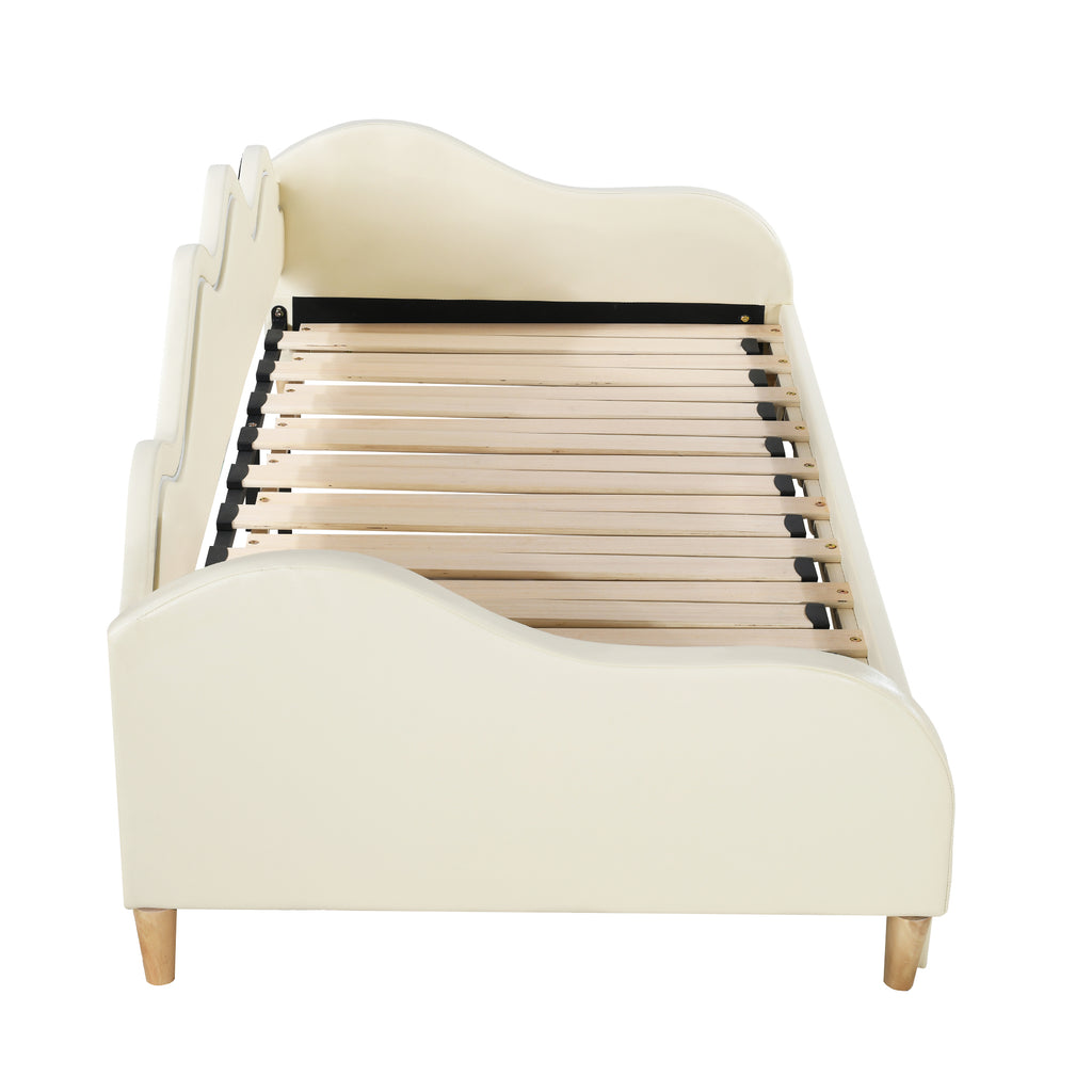 Polsterbett 90(180)*190cm, 2-in-1 Multifunktions-Schlafsofa, Kinderbett aus Kunstleder mit LED-Beleuchtung, mit Lattenrost, Beige