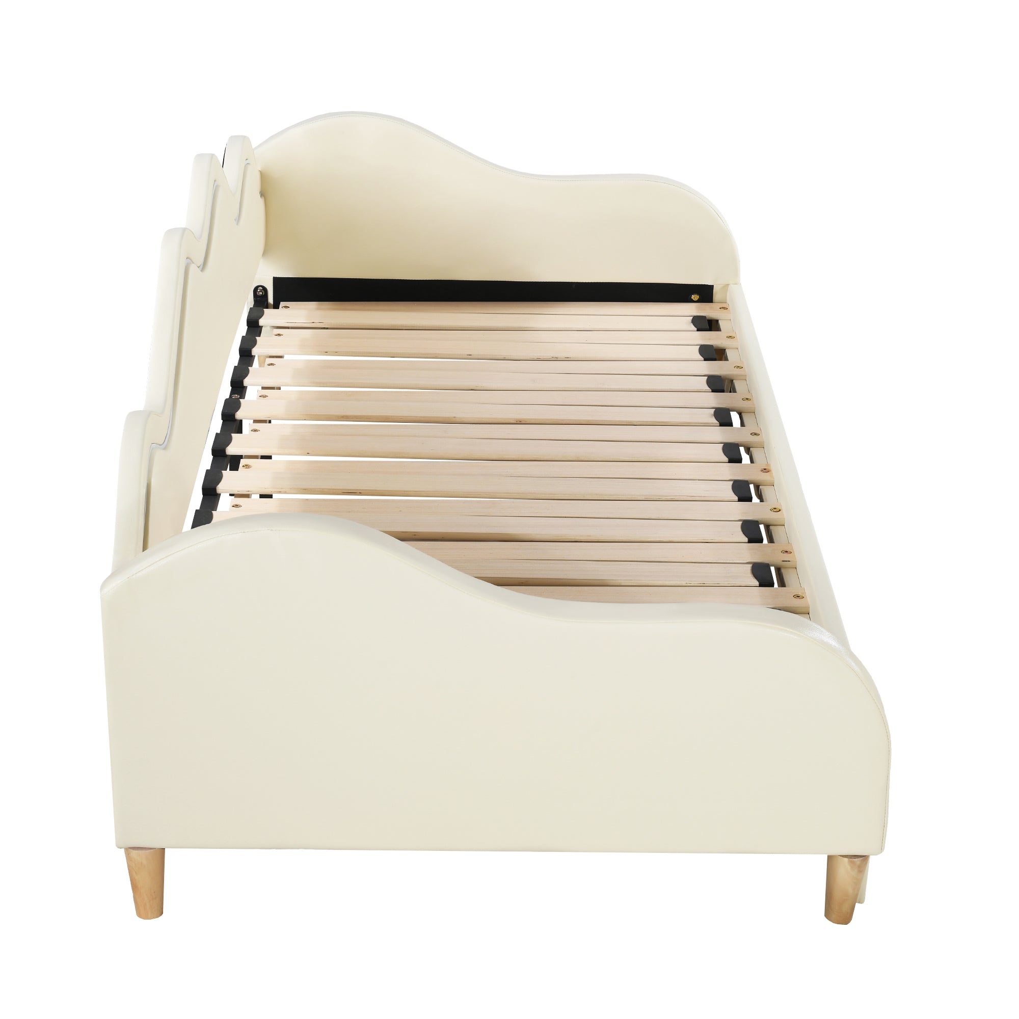 Polsterbett 90(180)*190cm, 2-in-1 Multifunktions-Schlafsofa, Kinderbett aus Kunstleder mit LED-Beleuchtung, mit Lattenrost, Beige