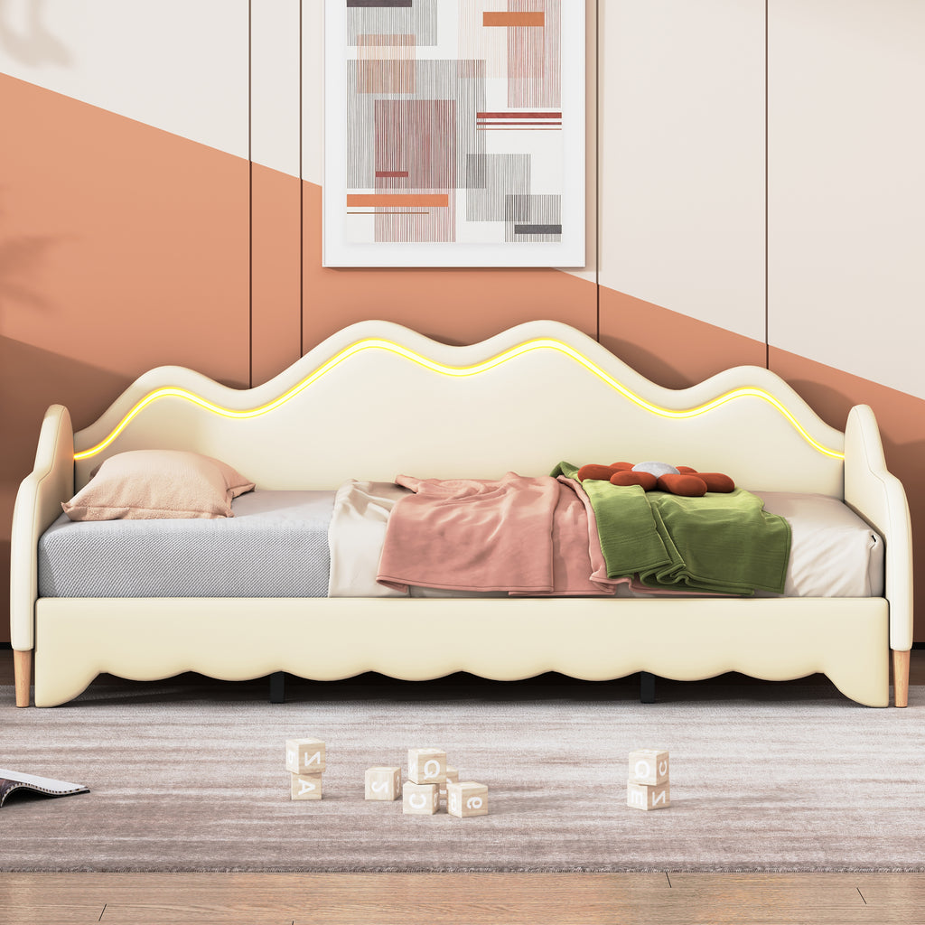 Polsterbett 90(180)*190cm, 2-in-1 Multifunktions-Schlafsofa, Kinderbett aus Kunstleder mit LED-Beleuchtung, mit Lattenrost, Beige