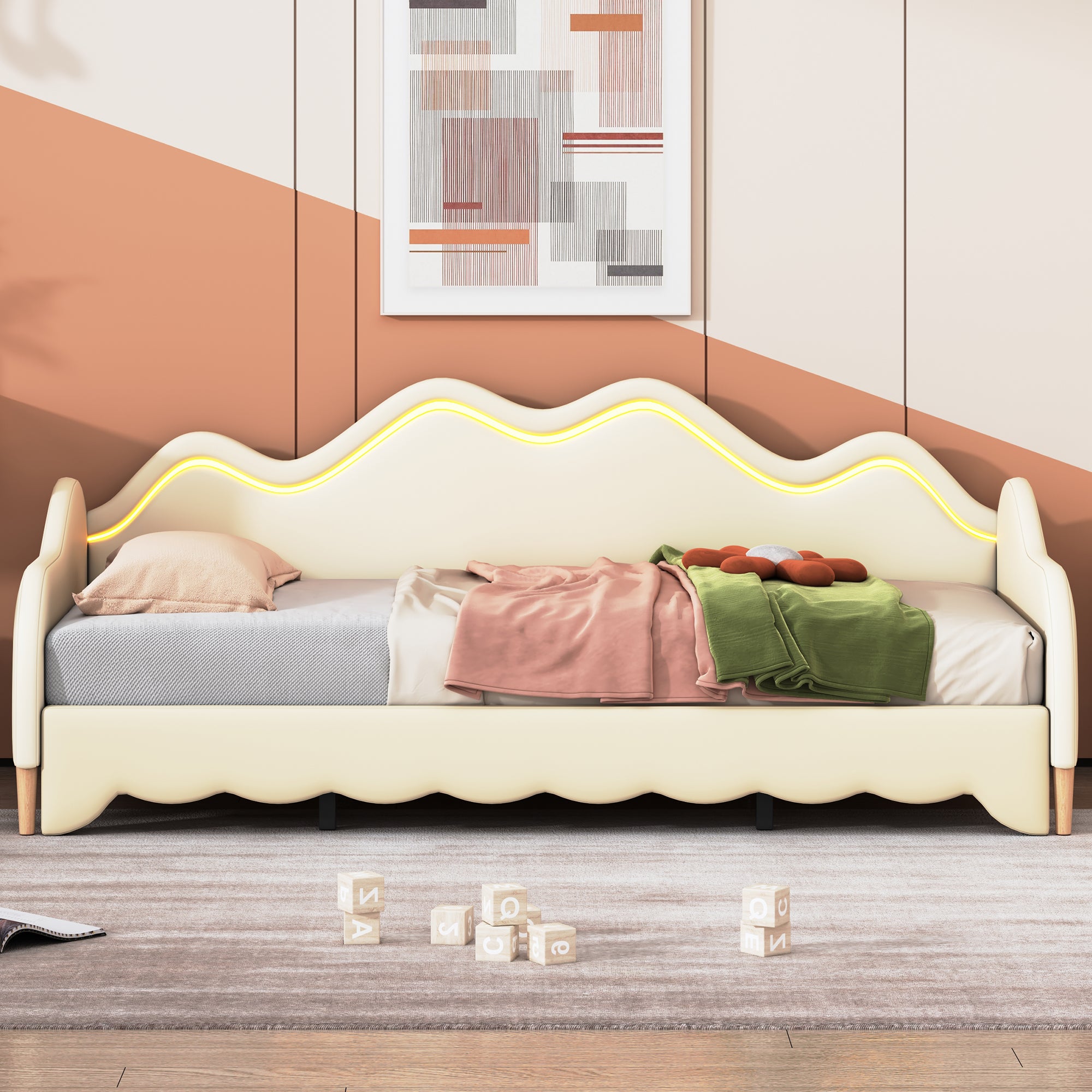 Polsterbett 90(180)*190cm, 2-in-1 Multifunktions-Schlafsofa, Kinderbett aus Kunstleder mit LED-Beleuchtung, mit Lattenrost, Beige