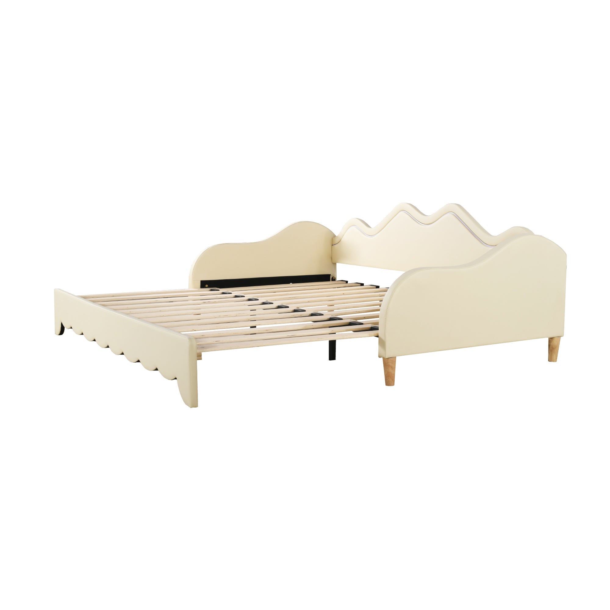 Polsterbett 90(180)*190cm, 2-in-1 Multifunktions-Schlafsofa, Kinderbett aus Kunstleder mit LED-Beleuchtung, mit Lattenrost, Beige