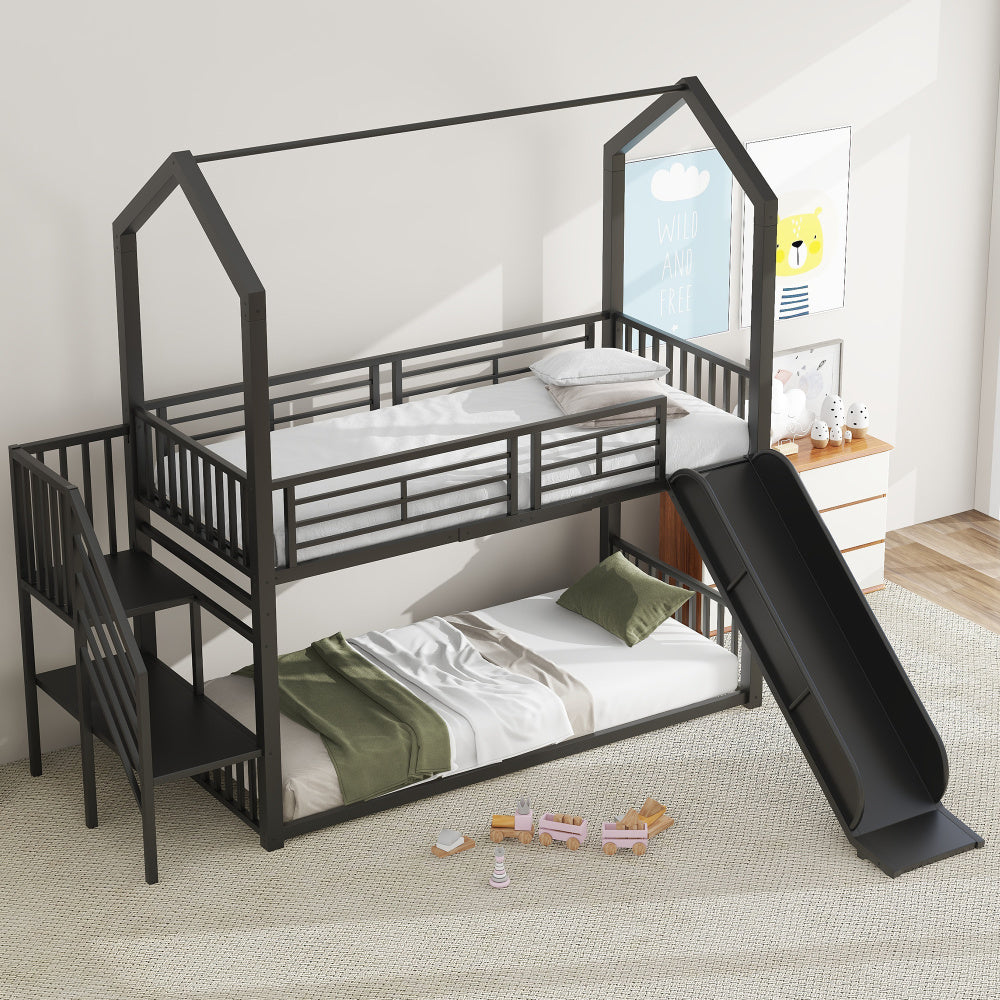 90*200cm Etagenbett, Eisenrahmenbett mit Schiebetreppe, Hausmodellierung, stabil und zuverlässig, schwarz