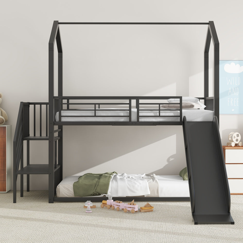 90*200cm Etagenbett, Eisenrahmenbett mit Schiebetreppe, Hausmodellierung, stabil und zuverlässig, schwarz