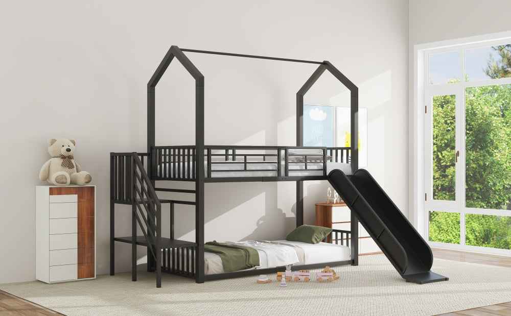 90*200cm Etagenbett, Eisenrahmenbett mit Schiebetreppe, Hausmodellierung, stabil und zuverlässig, schwarz