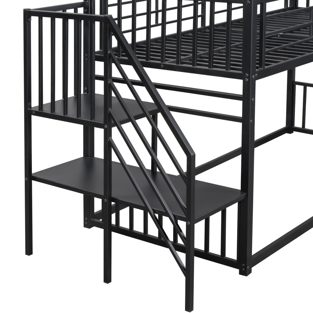 90*200cm Etagenbett, Eisenrahmenbett mit Schiebetreppe, Hausmodellierung, stabil und zuverlässig, schwarz