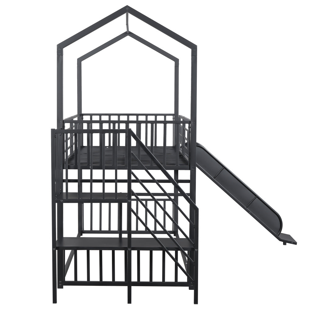 90*200cm Etagenbett, Eisenrahmenbett mit Schiebetreppe, Hausmodellierung, stabil und zuverlässig, schwarz