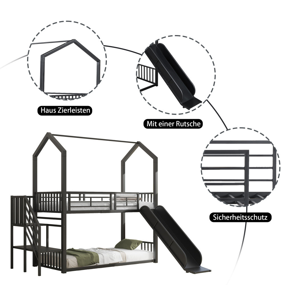 90*200cm Etagenbett, Eisenrahmenbett mit Schiebetreppe, Hausmodellierung, stabil und zuverlässig, schwarz