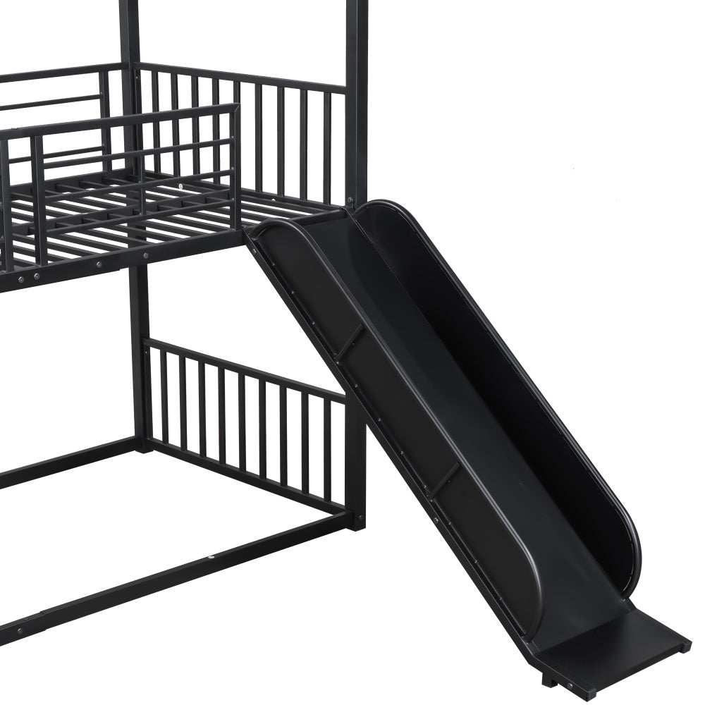 90*200cm Etagenbett, Eisenrahmenbett mit Schiebetreppe, Hausmodellierung, stabil und zuverlässig, schwarz