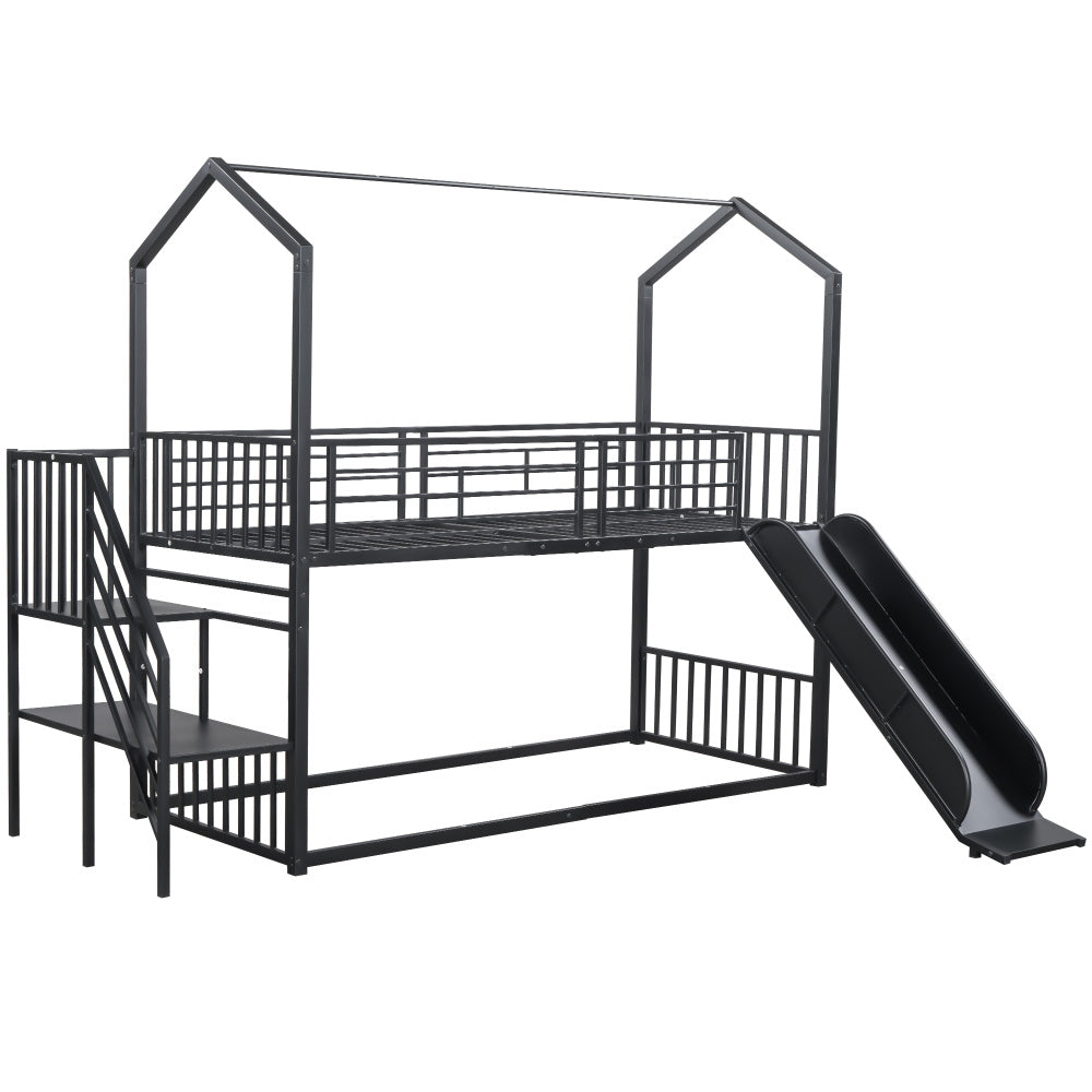90*200cm Etagenbett, Eisenrahmenbett mit Schiebetreppe, Hausmodellierung, stabil und zuverlässig, schwarz