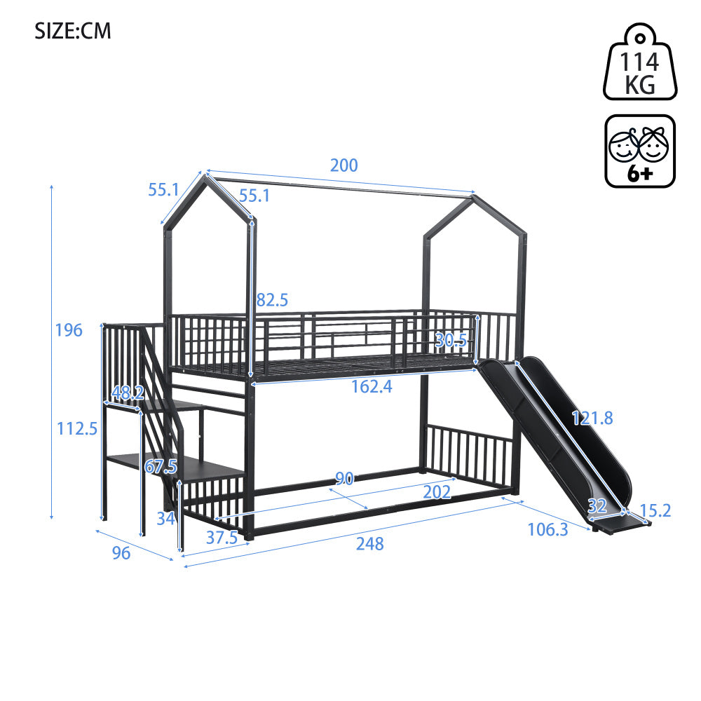 90*200cm Etagenbett, Eisenrahmenbett mit Schiebetreppe, Hausmodellierung, stabil und zuverlässig, schwarz