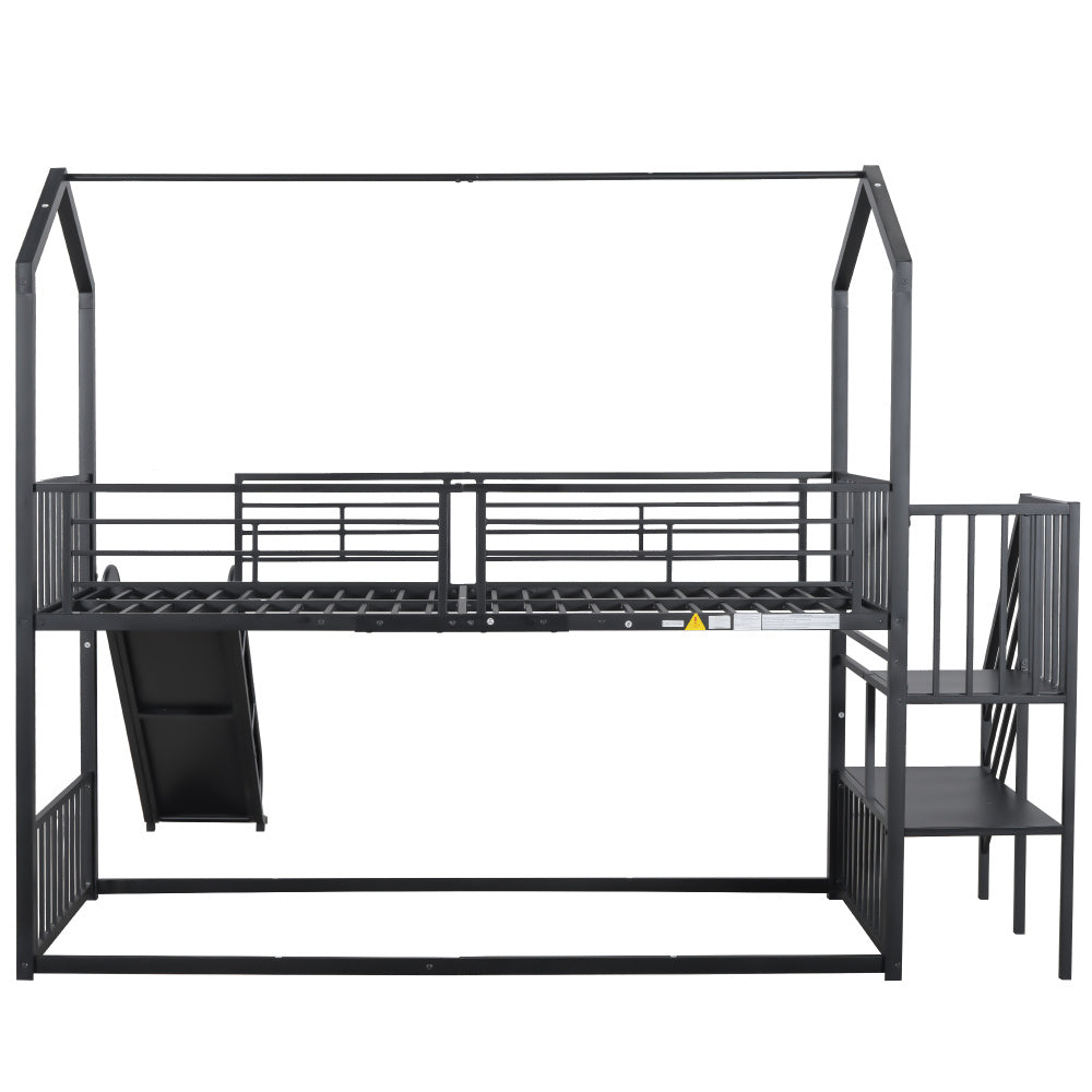 90*200cm Etagenbett, Eisenrahmenbett mit Schiebetreppe, Hausmodellierung, stabil und zuverlässig, schwarz