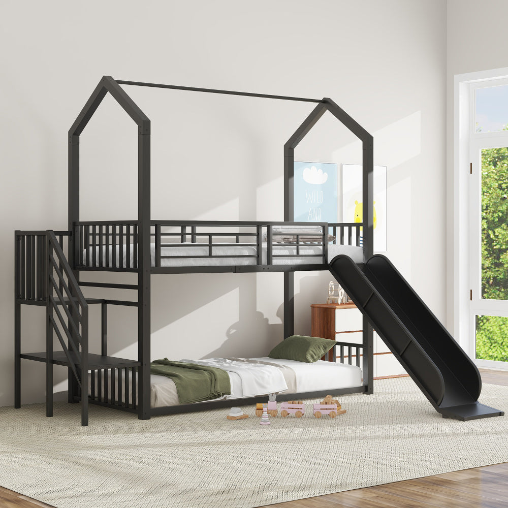 90*200cm Etagenbett, Eisenrahmenbett mit Schiebetreppe, Hausmodellierung, stabil und zuverlässig, schwarz