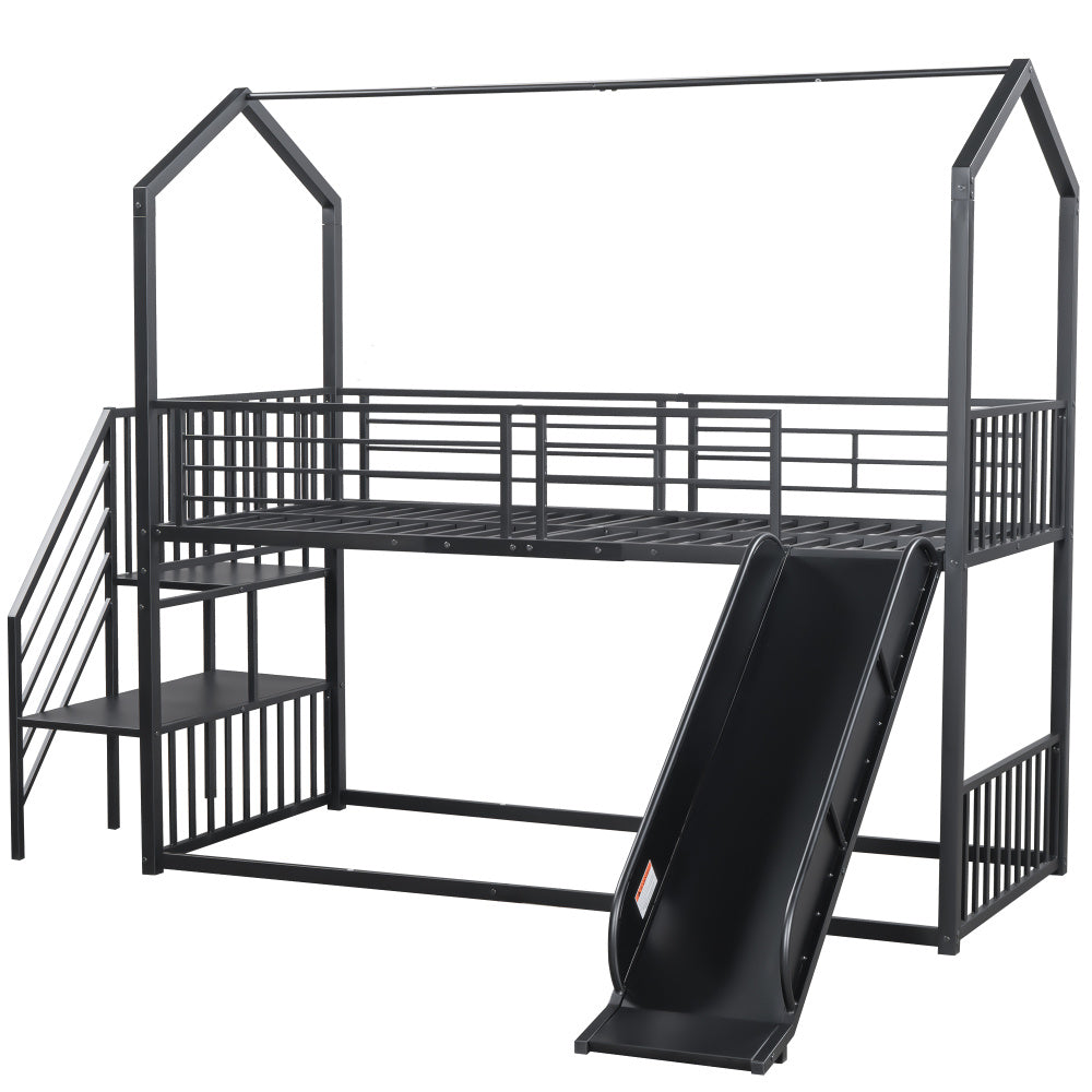 90*200cm Etagenbett, Eisenrahmenbett mit Schiebetreppe, Hausmodellierung, stabil und zuverlässig, schwarz
