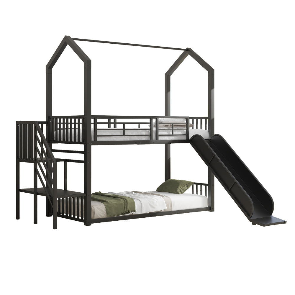 90*200cm Etagenbett, Eisenrahmenbett mit Schiebetreppe, Hausmodellierung, stabil und zuverlässig, schwarz