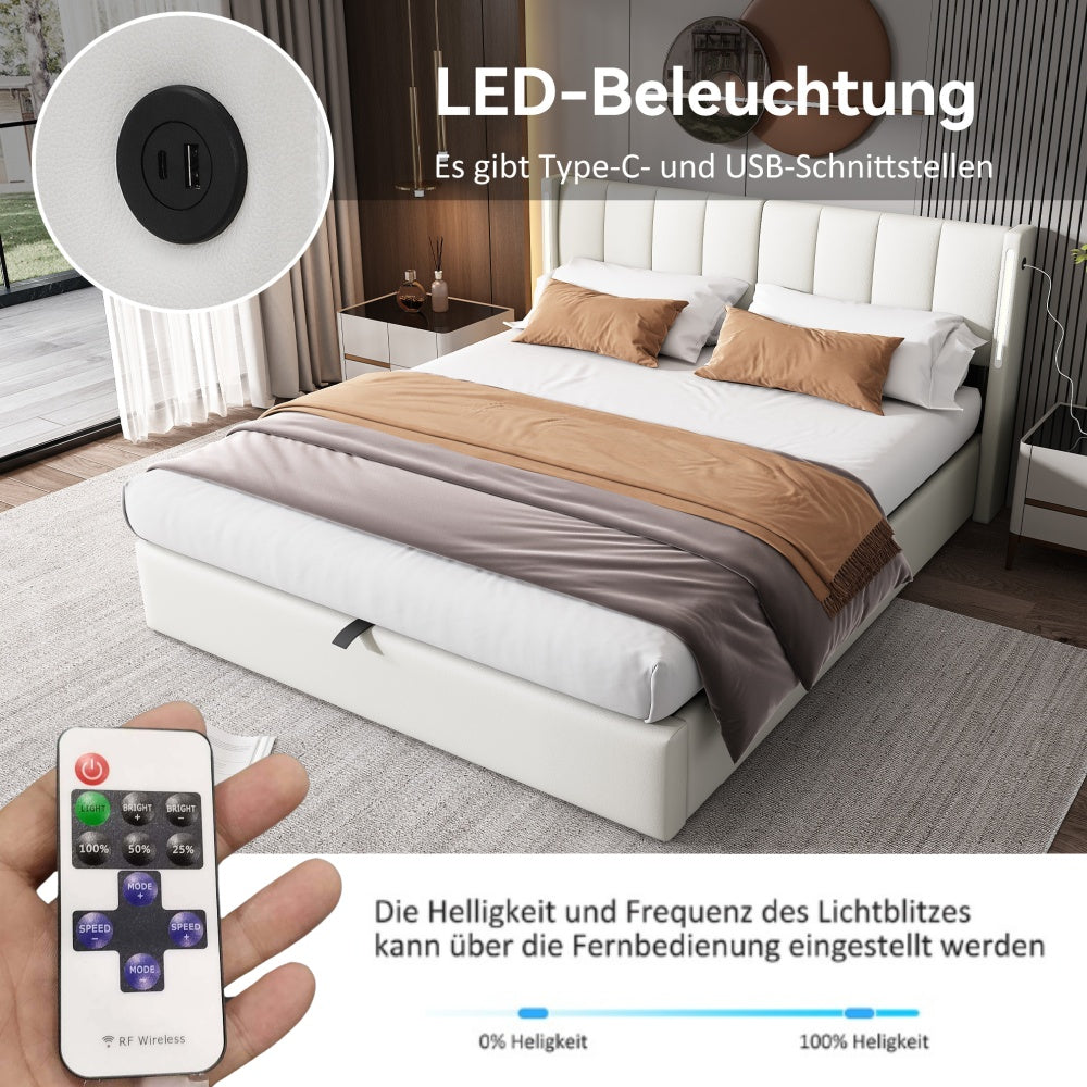 Binaurales LED-Polsterbett 140 x 200 cm, hydraulisches Bett, wiederaufladbarer USB-Anschluss im Bett, mit LED-Beleuchtung, mit Stauraum, verstellbares Kopfteil, PU-Kieselstein, weiß