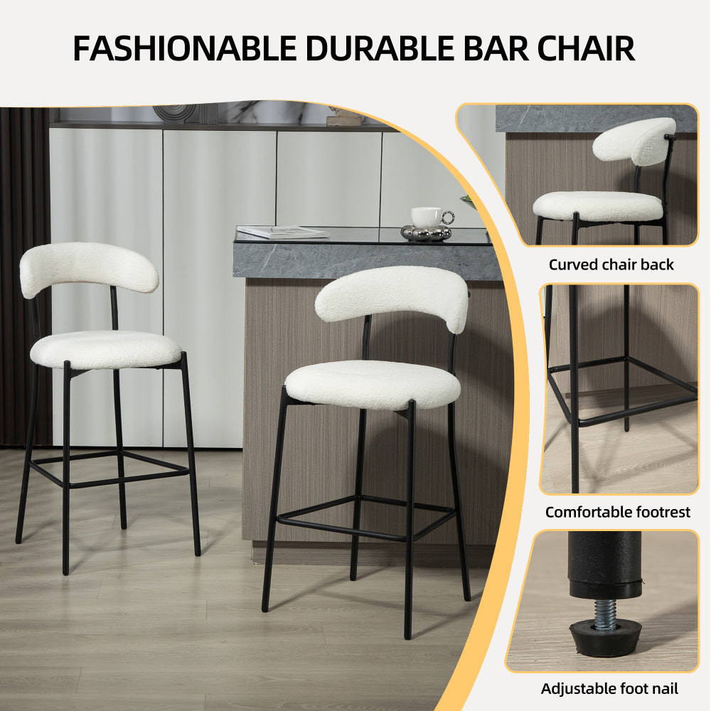 26&#039;&#039; Counter height bar stools Teddy fabric cover kitchen island counter bar stool with black powder coating base and footrest(Snow)
