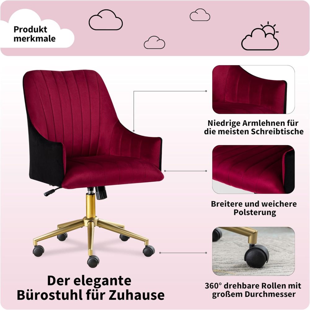 Bürostuhl Höhenverstellbar Drehstuhl Samt Bürosessel Schminkstuhl mit Rädern,Sessel Samtstuhl Für Schlafzimmer/Arbeitszimmer