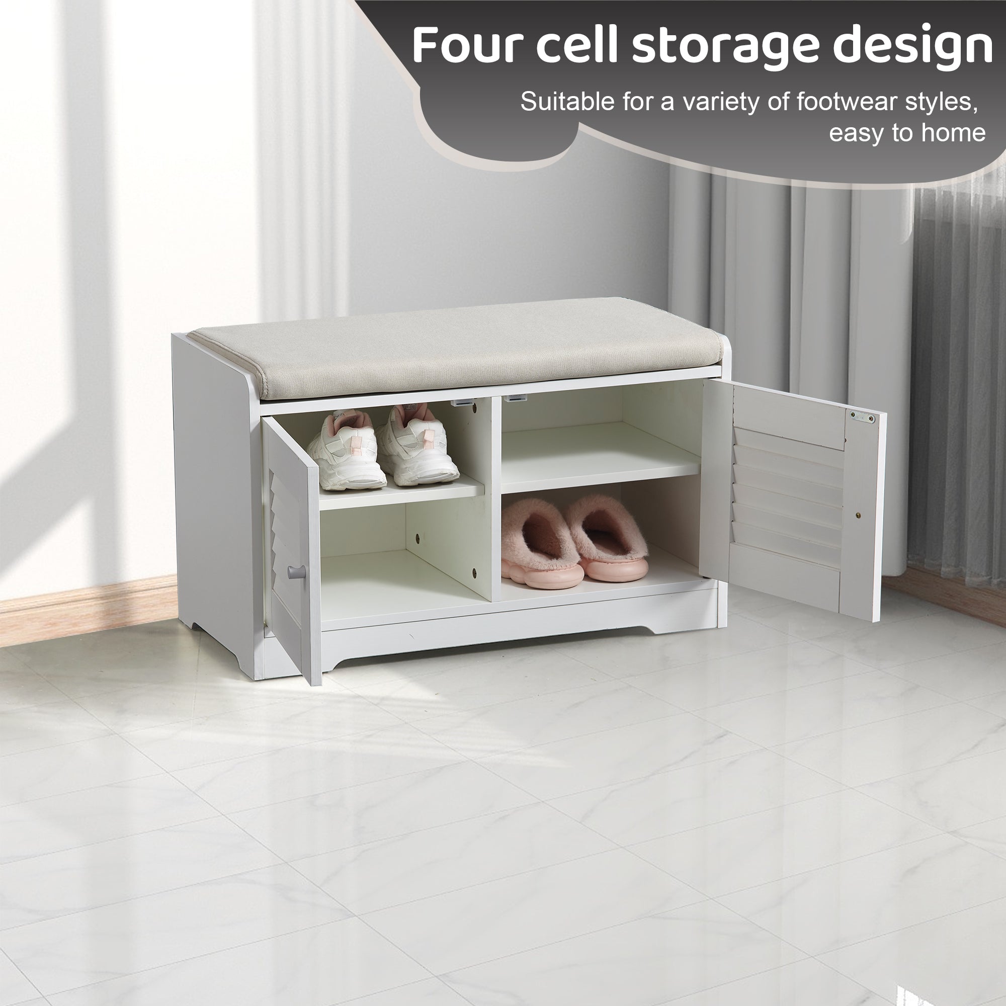 28.74&quot;Shoe Storage Bench with 2 Door Cabinet, Entryway Bench with  White Shoe Storage, Shoe Bench with Cushion, Adjustable Shelves, Shoe Rack Bench for Entryway, Hallway