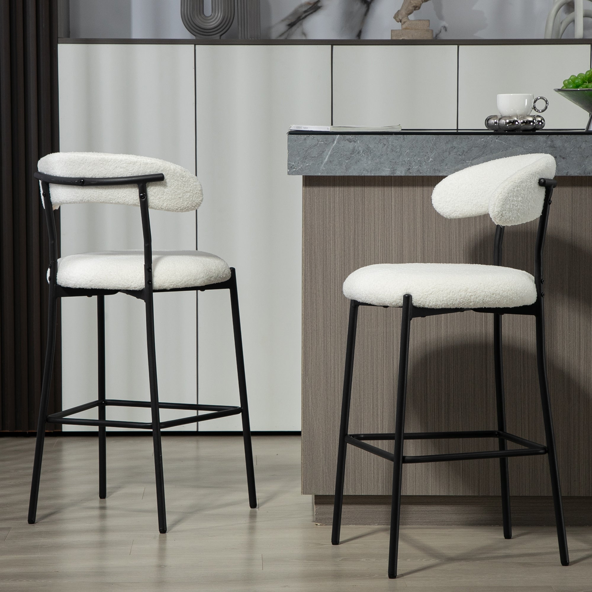 26&#039;&#039; Counter height bar stools Teddy fabric cover kitchen island counter bar stool with black powder coating base and footrest(Snow)