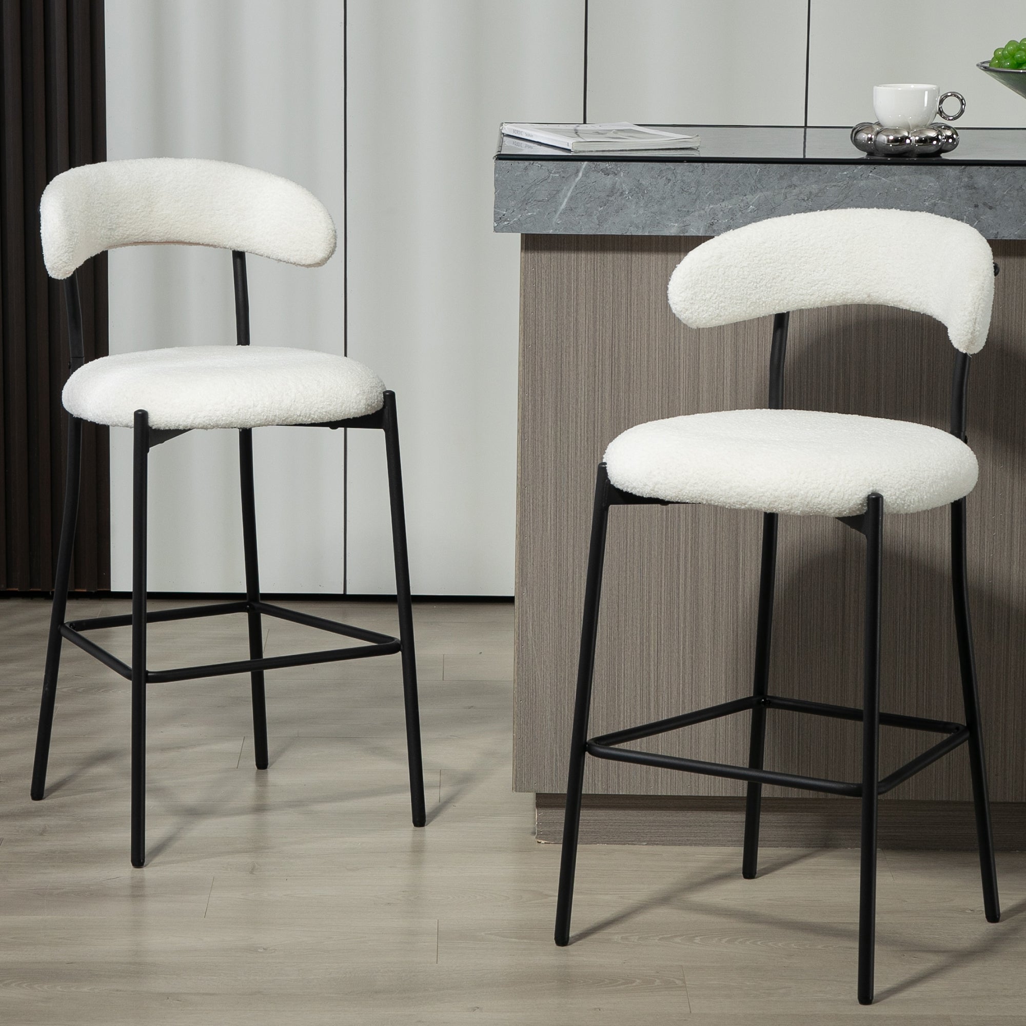 26&#039;&#039; Counter height bar stools Teddy fabric cover kitchen island counter bar stool with black powder coating base and footrest(Snow)